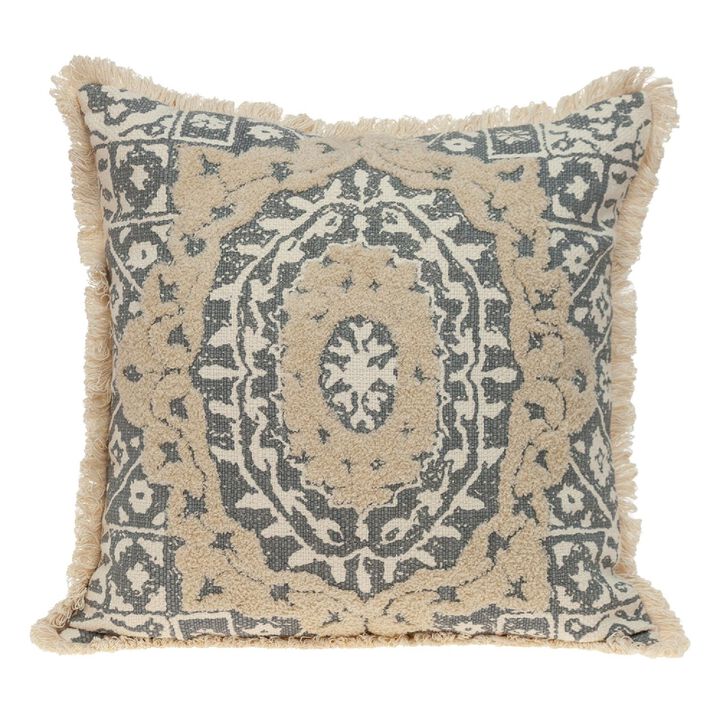 18" Beige and Gray Embroidered Ethnic Design Throw Pillow