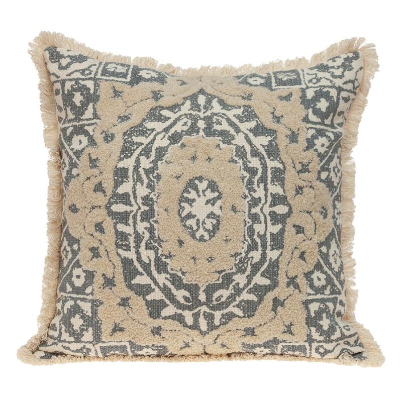 18" Beige and Gray Embroidered Ethnic Design Throw Pillow image number 0