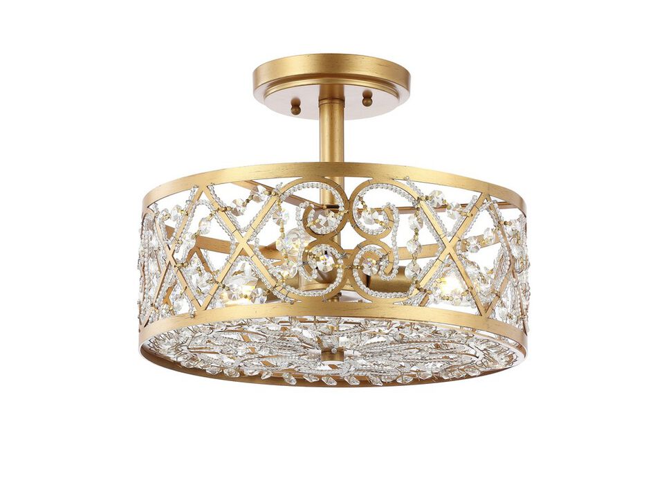 Leila 3-Light 13.25" Iron/Crystal Modern Glam LED Flush Mount, Gold