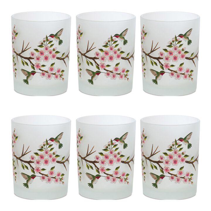 HomeRoots Set of Six White Green And Pink Hummingbird Floral Glass Votive Candle Holders
