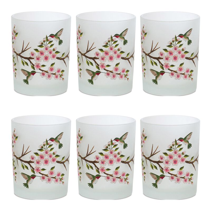 HomeRoots Set of Six White Green And Pink Hummingbird Floral Glass Votive Candle Holders image number 0