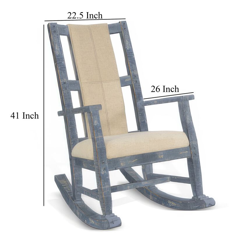 Rena Rocking Chair, Cushion Seat and Back, Blue Mahogany Mindy Wood - Benzara