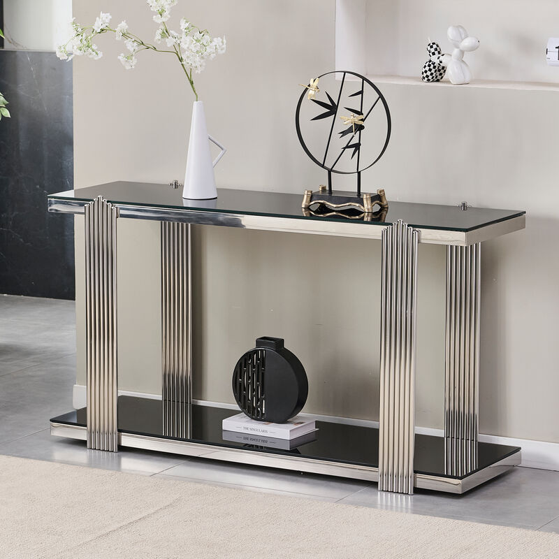 GOODSILO 55 Inch Double-Tier Storage Console Table with Tempered Glass Top, Sturdy Frame, Ideal for Entryways, Living Rooms, Hallways, and Behind Sofas image number 4