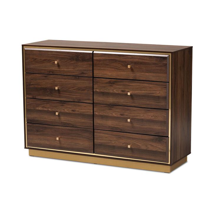 Baxton Studio Walnut Brown Finished Wood and Gold Metal 8-Drawer Dresser