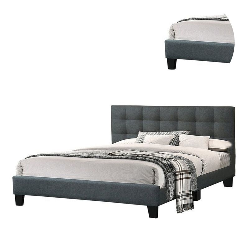 Dex Modern Platform Queen Size Bed, Plush Tufted Upholstery, Charcoal Gray - Benzara