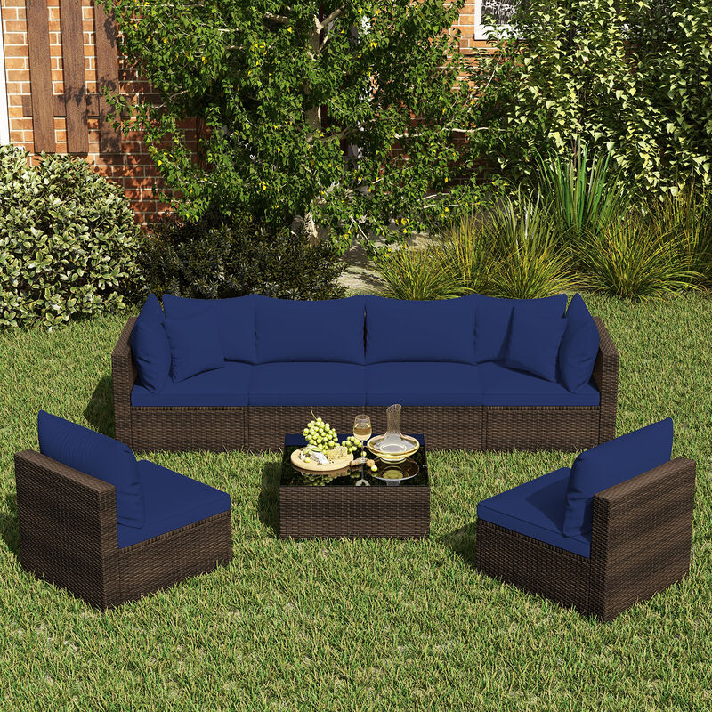 7 Pieces Patio Rattan Furniture Set with Sectional Sofa Cushions