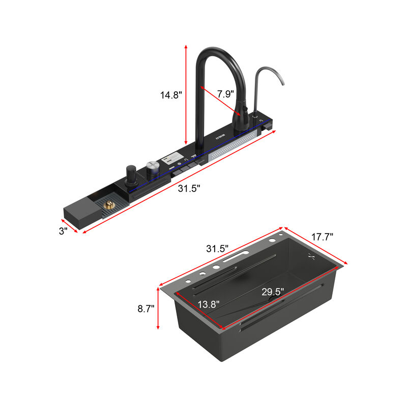 FUFU&GAGA Stainless Steel Bathroom Sink with Intelligent Control Center and Accessories,( 31.5" W x 17.7" D x 8.7" H),Black