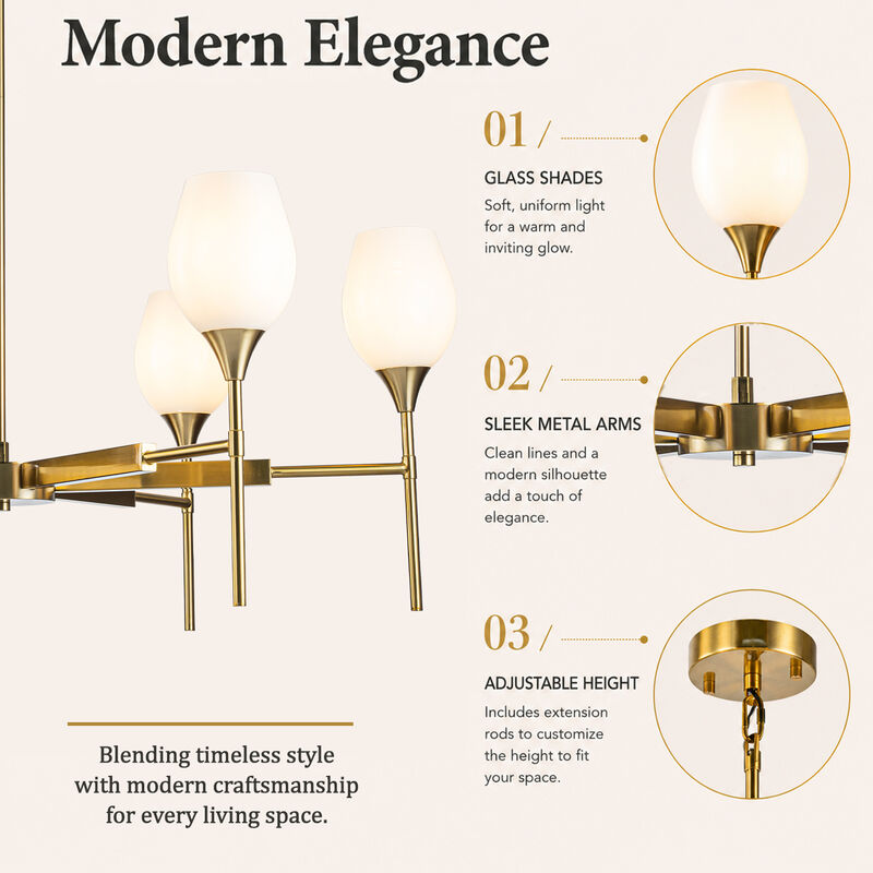 6-Light Classic Warm Brass Chandelier with Opal Glass Shades For Dining Room image number 5