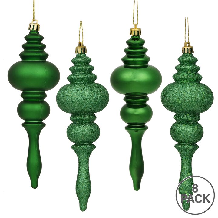 Vickerman 7" 4-Finish Finial Ornament, Shatterproof Plastic Christmas Tree Decoration, 8 Pack, Green Shiny, Matte, Glitter and Sequin Finishes Shiny, Matte, Glitter and Sequin Finishes