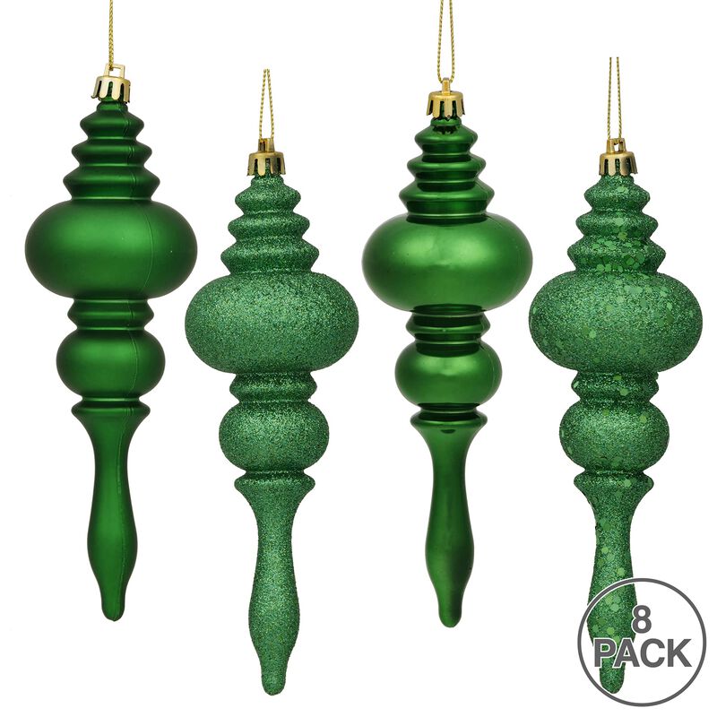 Vickerman 7" 4-Finish Finial Ornament, Shatterproof Plastic Christmas Tree Decoration, 8 Pack, Green Shiny, Matte, Glitter and Sequin Finishes Shiny, Matte, Glitter and Sequin Finishes image number 1