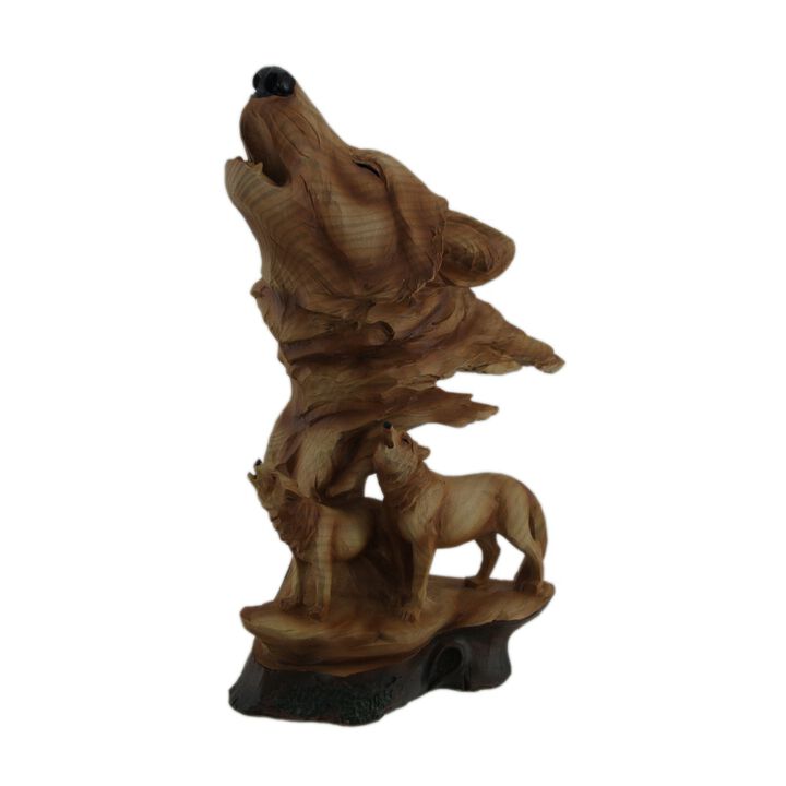 Carved Wood Look Howling Wolf Couple Figural Statue
