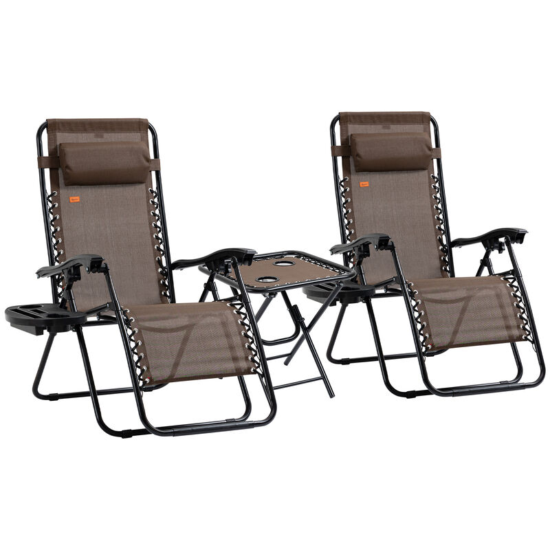 Outsunny Zero Gravity Chair Set with Side Table, Folding Reclining Chair with Cupholders & Pillows, Adjustable Lounge Chair for Pool, Backyard, Lawn, Beach, Brown