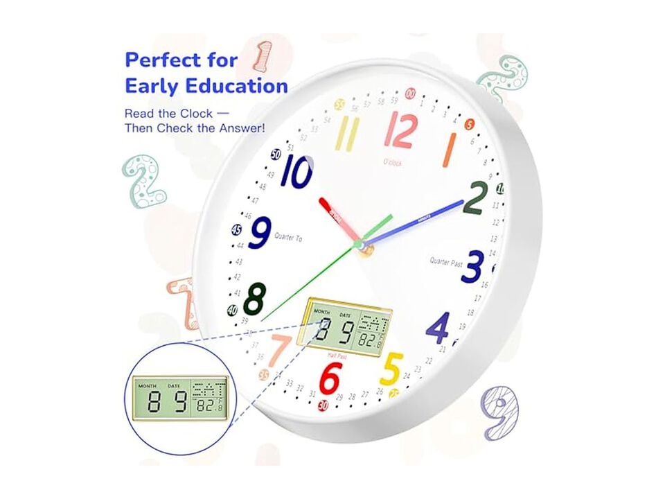 Teaching LCD Date Weekday Temperature Wall Clock 12 Inch Silent Non Ticking
