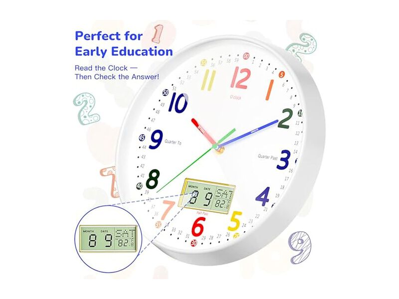 Teaching LCD Date Weekday Temperature Wall Clock 12 Inch Silent Non Ticking image number 1