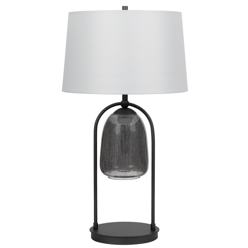 31 Inch Table Lamp, Crackled Black Glass w Night Light, White Shade - Benzara