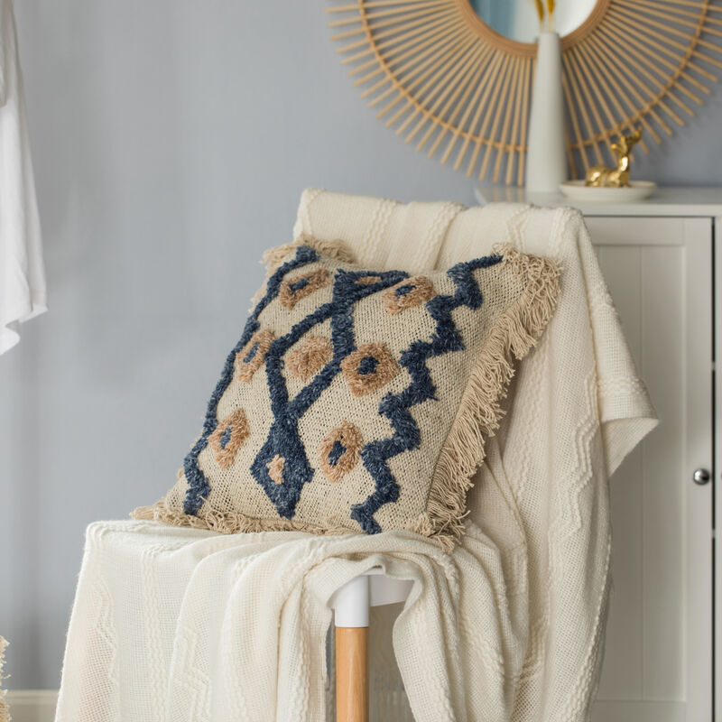 16" Handwoven Cotton & Silk Throw Pillow Cover with Embossed Zig Zag with Filler, Blue & Beige