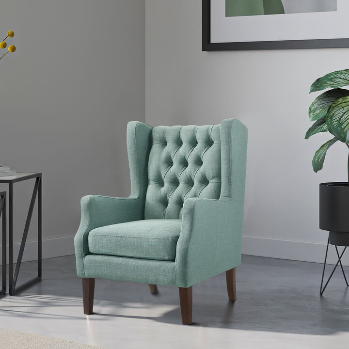 Keva 31 Inch Accent Chair, Deep Button Tufted Wingback, Soft Teal Fabric-Benzara