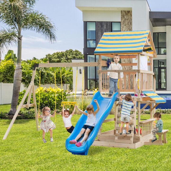 Hivvago Wooden Swing Set with Large Upper Deck Slide and Steering Wheel