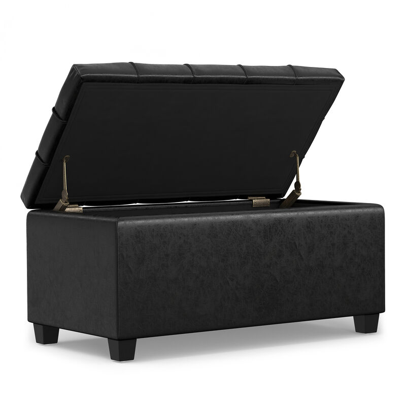 Sienna 33 inch Wide Transitional Rectangle Storage Ottoman Bench in Distressed Black Vegan Faux Leather, Assembled