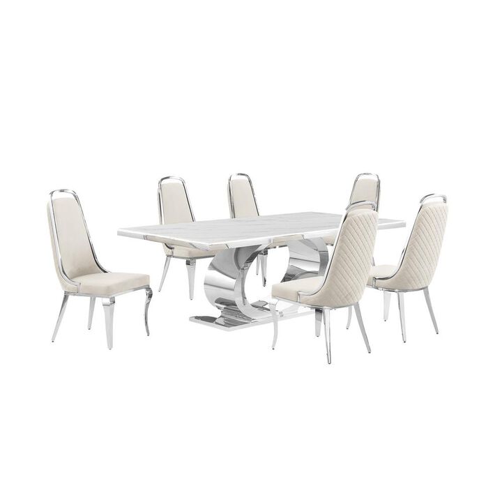 Best Quality Furniture 7pc Large (87) marble top dining set with silver base and 6 Cream side chairs