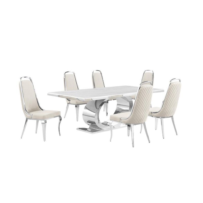 Best Quality Furniture 7pc Large (87) marble top dining set with silver base and 6 Cream side chairs image number 0