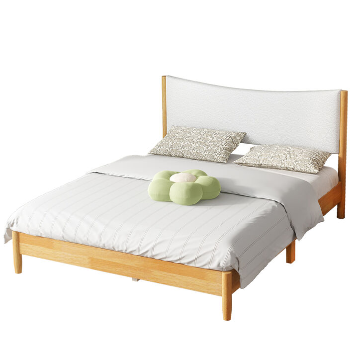 Whisen Queen Rubber Wooden Bed with Boucle Upholstered Headboard, Enhanced by Support Feet