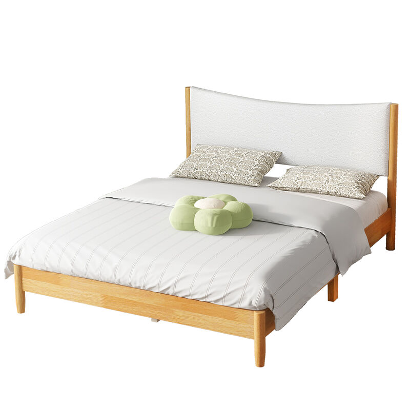 Whisen Queen Rubber Wooden Bed with Boucle Upholstered Headboard, Enhanced by Support Feet image number 0