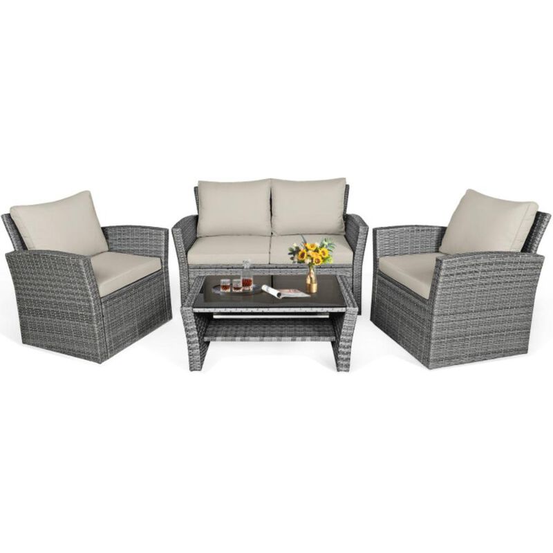 Hivvago 4 Pieces Patio Rattan Furniture Set Sofa Table with Storage Shelf Cushion