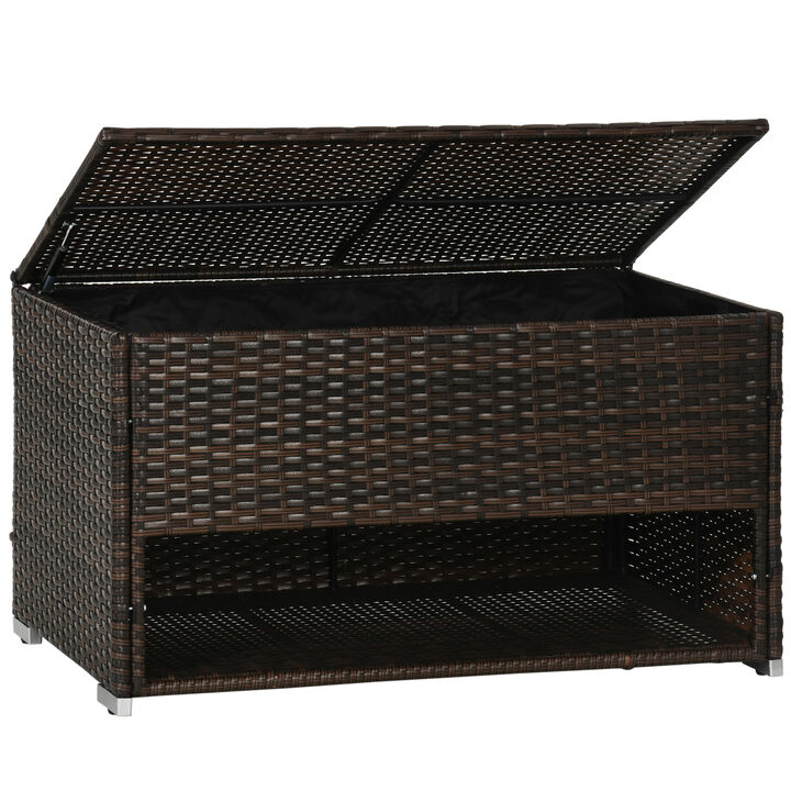 Outsunny Outdoor Deck Box & Shoe Storage, PE Rattan Wicker Towel Rack with Liner for Indoor, Outdoor, Patio Furniture Cushions, Pool, Toys, Garden Tools, Brown