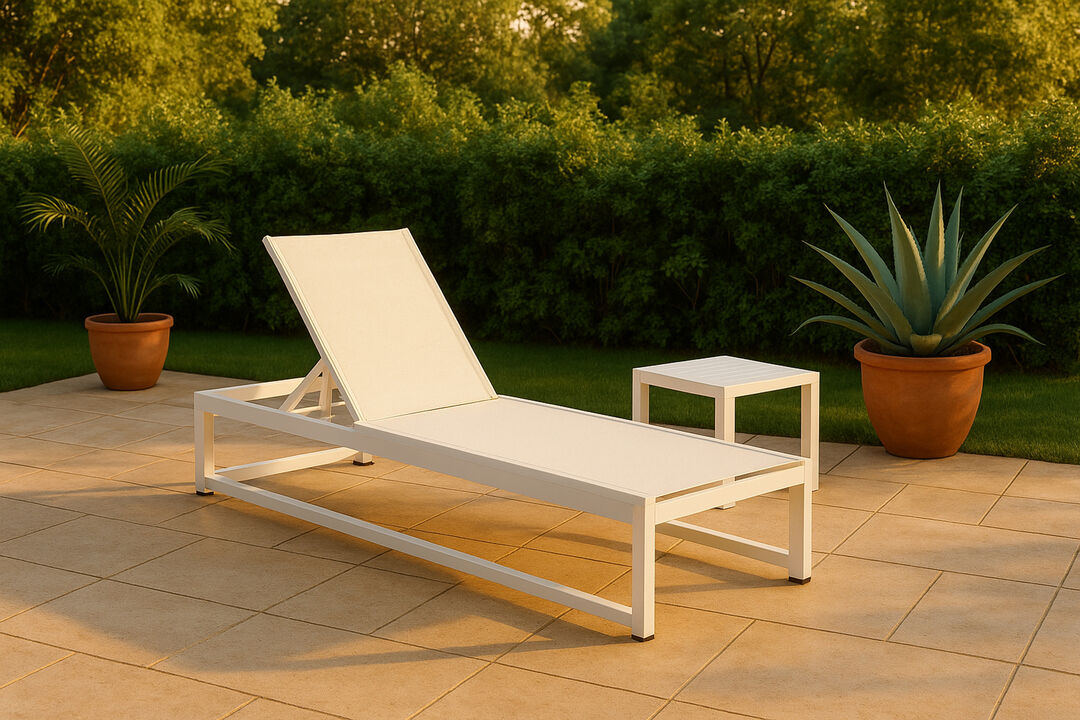 Meridian Furniture Maldives Cream Mesh Water Resistant Fabric Outdoor Patio Sun Chaise Lounge Chair