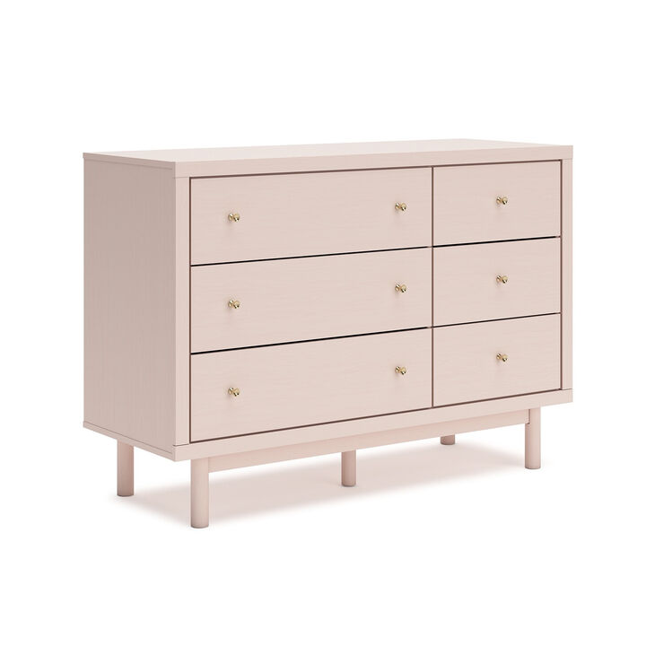 Viso 51 Inch Dresser, 6 Drawers, Champagne, Retro Blush Pink Finish - Benzara