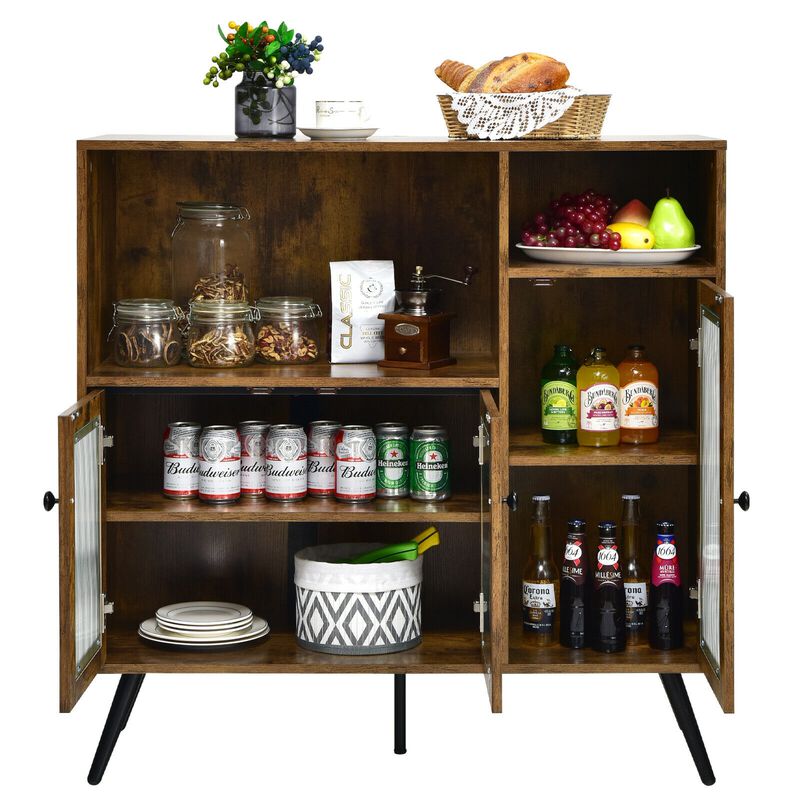 Buffet Kitchen Storage Cupboard with Glass Door and Adjustable Shelves-Rustic Brown