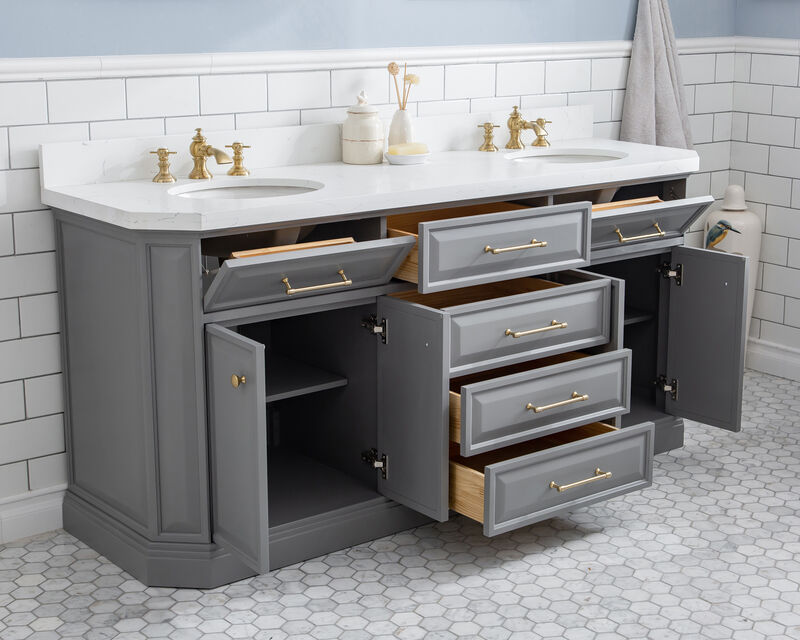 Palace 72 In. Double Sink Carrara Quartz Countertop Bath Vanity in Cashmere Grey with Satin Gold Hardware