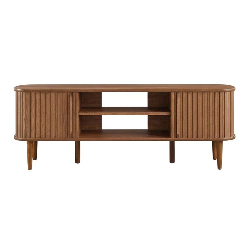 Gray wood TV stand with sleek design and sturdy construction image number 1