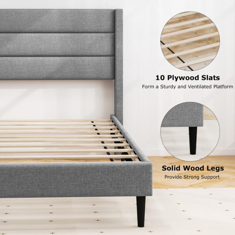 Hivvago Linen Upholstered Platform Bed Frame with Wingback Headboard