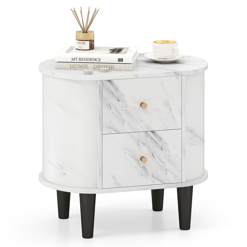 2-Drawer Nightstand with Modern Faux Marble Top, Stylish Bedside Storage Table