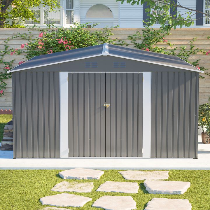 12x14 FT Metal Storage Shed, Lockable Double Door Tool Shed, Light Gray