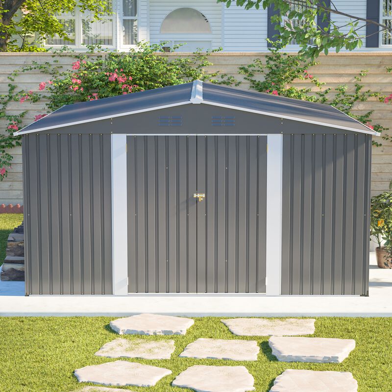 12x14 FT Metal Storage Shed, Lockable Double Door Tool Shed, Light Gray image number 1