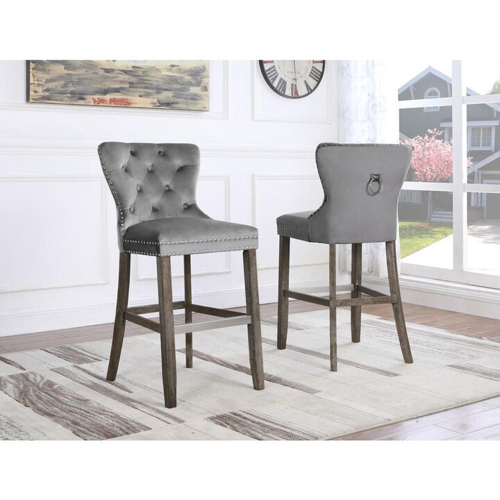 29" dark grey velvet bar stool with wood base