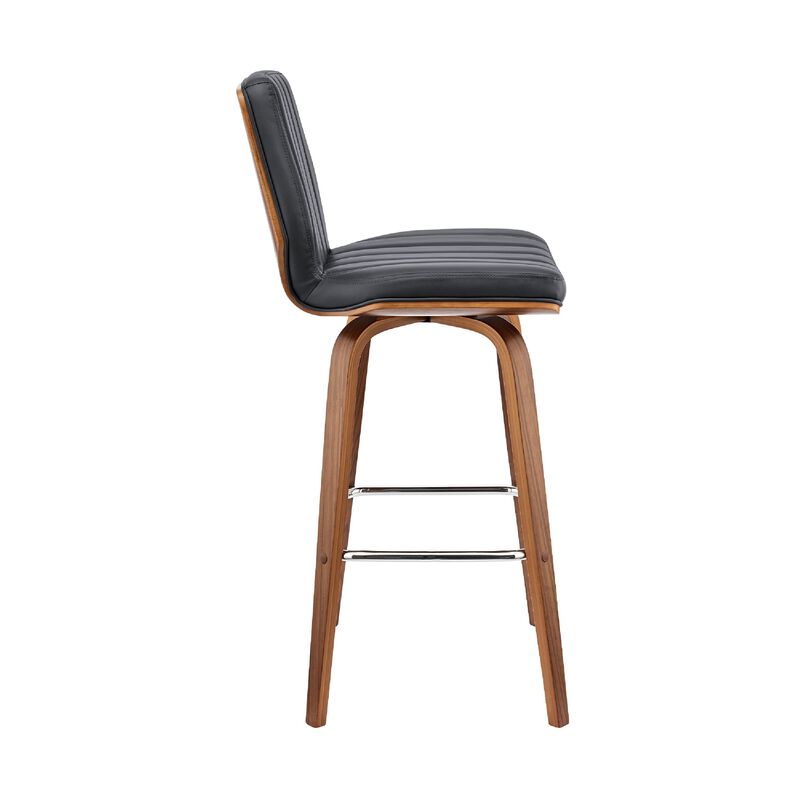 Swivel Barstool with Channel Stitching and Wooden Support, Black and Brown-Benzara