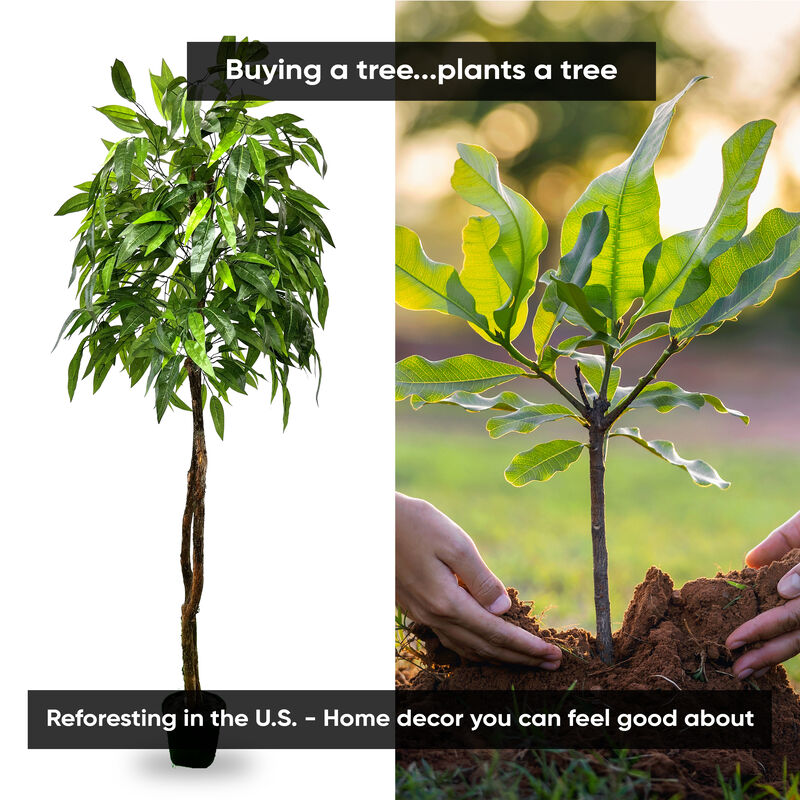 Handmade 6' Artificial Jungle Leaf Tree In Home Basics Plastic Pot Made with Real Wood and Moss Accents