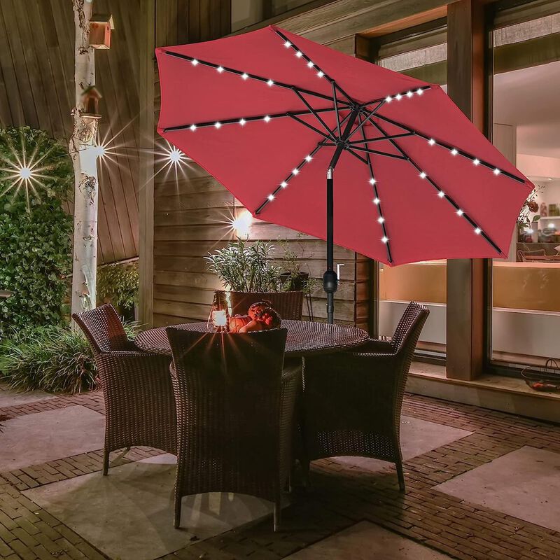 9' Solar Umbrella 32 LED Lighted Patio Umbrella Table Market Umbrella with Push Button Tilt/Crank Outdoor Umbrella for Garden, Deck, Backyard and Pool, Tan