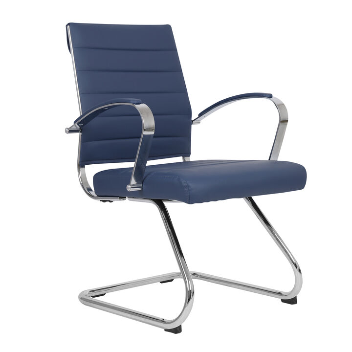 LeisureMod Benmar Guest Office Chair, Ribbed Leather Upholstery with Chrome Arms and Sled Base, Modern Desk Seating for Home or Conference Room