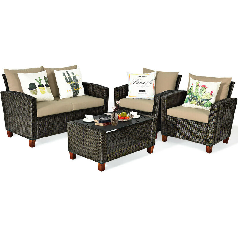 4-Piece PE Wicker Patio Furniture Set with Padded Cushions &ndash; Outdoor Seating