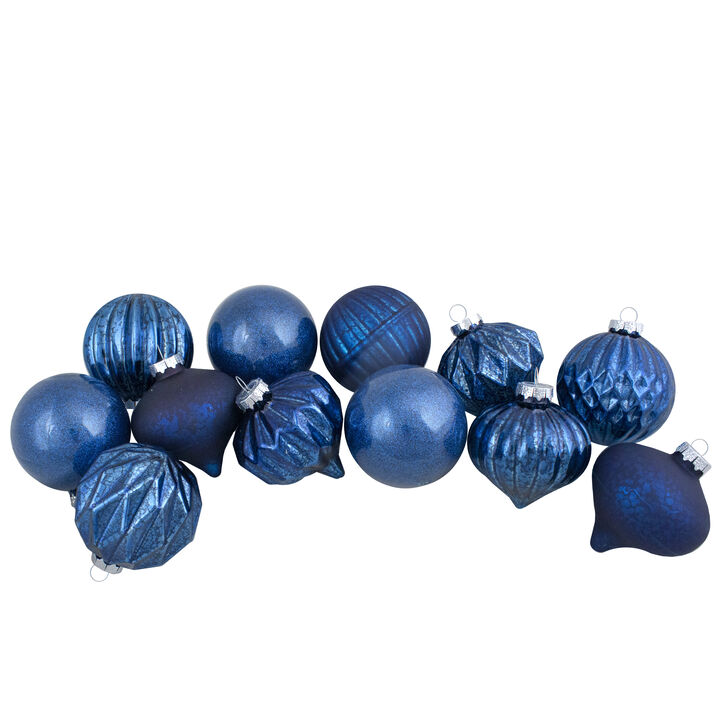 Set of 12 Blue Finial and Glass Ball Christmas Ornaments