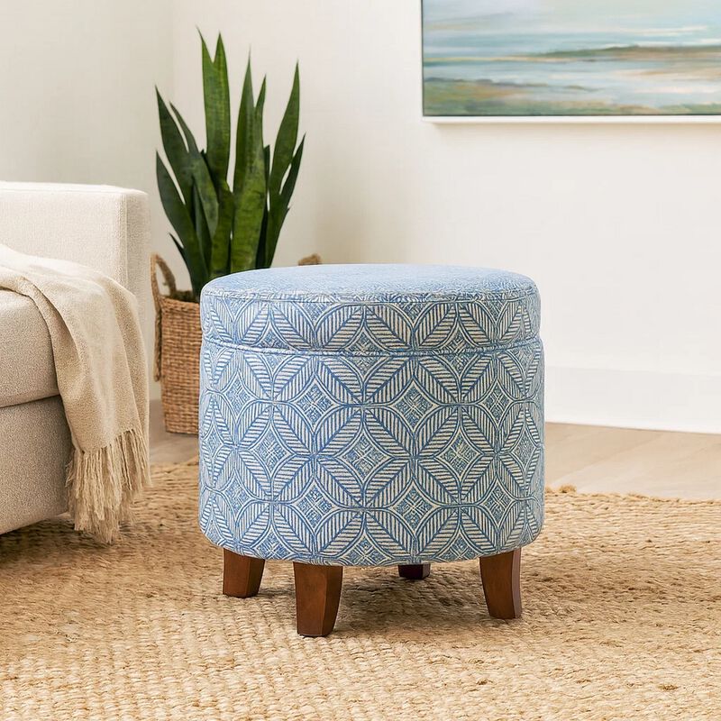 Loni Round Storage Ottoman, 19 Inch Indigo Blue Pattern, Walnut Brown image number 6