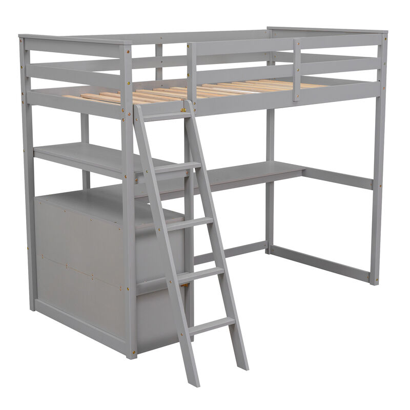 Whisen Twin Size Wood Loft Bed with Desk, Shelves and Two Built-in Drawers - White