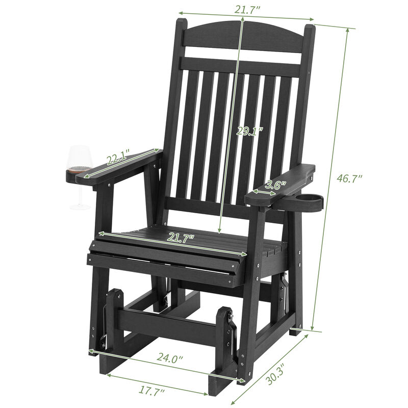Poly Lumber Patio Glider for One Person, Ergonomic Deep Seat and High Backrest, with Removable Cup Holders, Wood-Like Pattern, Heavy Duty 700 LBS, for Outdoor Patio Garden Yard (Black)