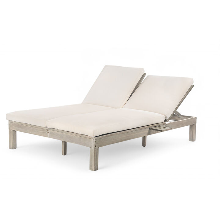 Merax Double Acacia Wood Chaise Lounge with 5-Position Recline & Side Table