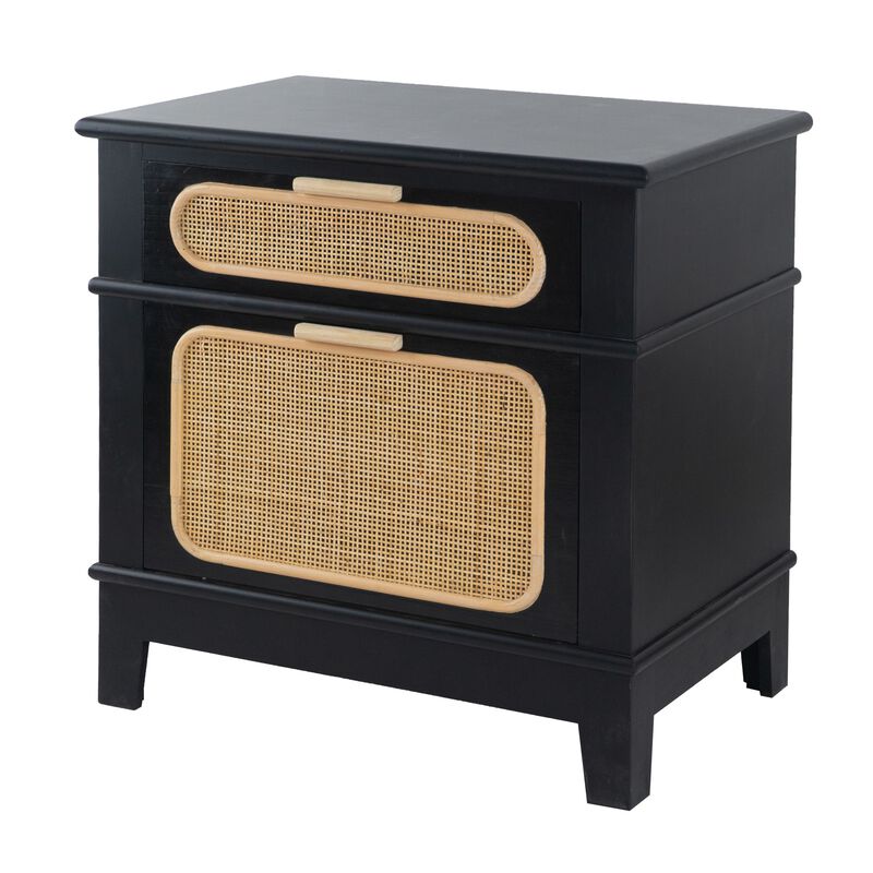 Dana 27 Inch Bedside Table, 2 Rattan Drawers, Pine Wood, Black, Brown - Benzara